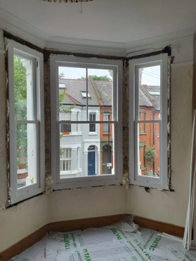Internal view of sash window bay replacement in progress